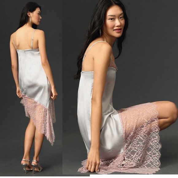 By Anthropologie Lace-Trimmed Dress SIZE 2 silver color new with tag - Picture 4 of 8